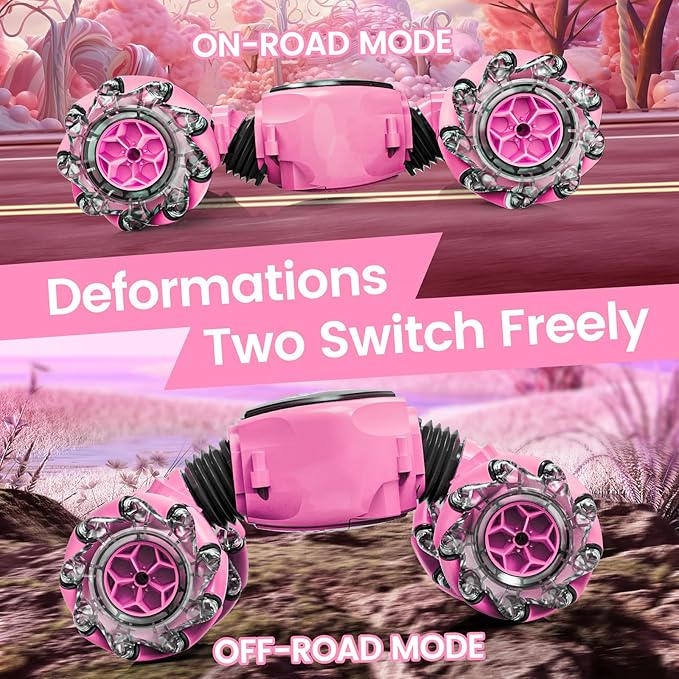 Tecnock Remote Control Car RC Cars for Girls, 2.4GHz 4WD Gesture Sensing RC Stunt Car Toys - 360° Rotating Double Sided Hand Controlled RC Car with Lights, Gifts for Kids, Pink