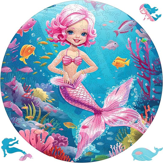 Wooden Puzzles for Adults, Mermaid Jigsaw Puzzles 500 Pieces, Unique Shape Puzzles with Wooden Box, 16.7 x 16.7 Inches Royal Size Family Game Gift, Fun Challenging Puzzles for Adults and Kids