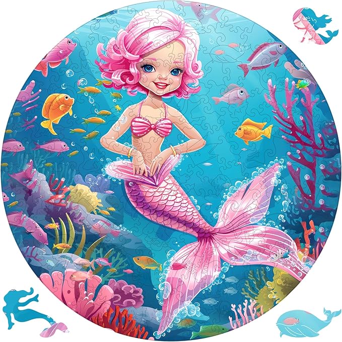 Wooden Puzzles for Adults, Mermaid Jigsaw Puzzles 200 Pieces, Unique Shape Puzzles with Wooden Box, 11.2 x 11.2 Inches Medium Size Family Game Gift, Fun Challenging Puzzles for Adults and Kids