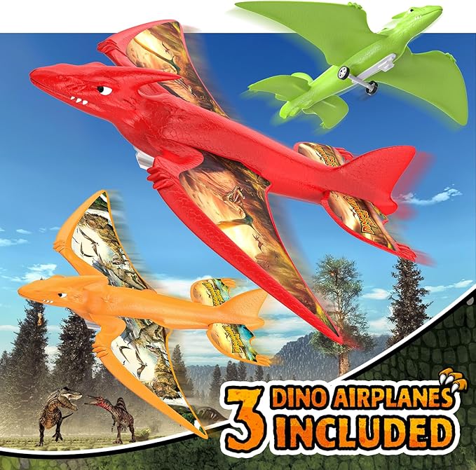 3 Pack Dinosaur Airplane Launcher Toys for Kids, Foam Airplanes for Kids Boys Toys with Stickers, Outdoor Flying Toys Birthday Gifts for 4 5 6 7 8 9 10 12 Year Old Boys Girls.