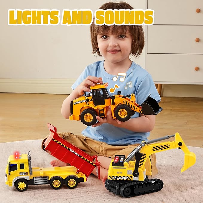 JOYIN 3 Pack Construction Toy - Excavator, Dump Truck and Loader, Moveable Claw & Lifting Back, Construction Truck Toy, Christmas Borthday Gift for Toddler Boys Kids