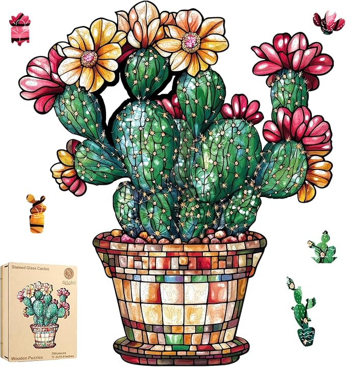 Stained Glass Cactus Wooden Puzzles for Adults, 500 Pieces Jigsaw Puzzles, Unique Shaped Royal Size Liberty Wood Puzzle Gift for Adults and Kids, Family Game 15.2'' x 17.7''