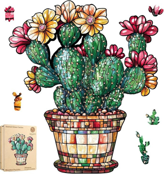 Stained Glass Cactus Wooden Puzzles for Adults, 500 Pieces Jigsaw Puzzles, Unique Shaped Royal Size Liberty Wood Puzzle Gift for Adults and Kids, Family Game 15.2'' x 17.7''