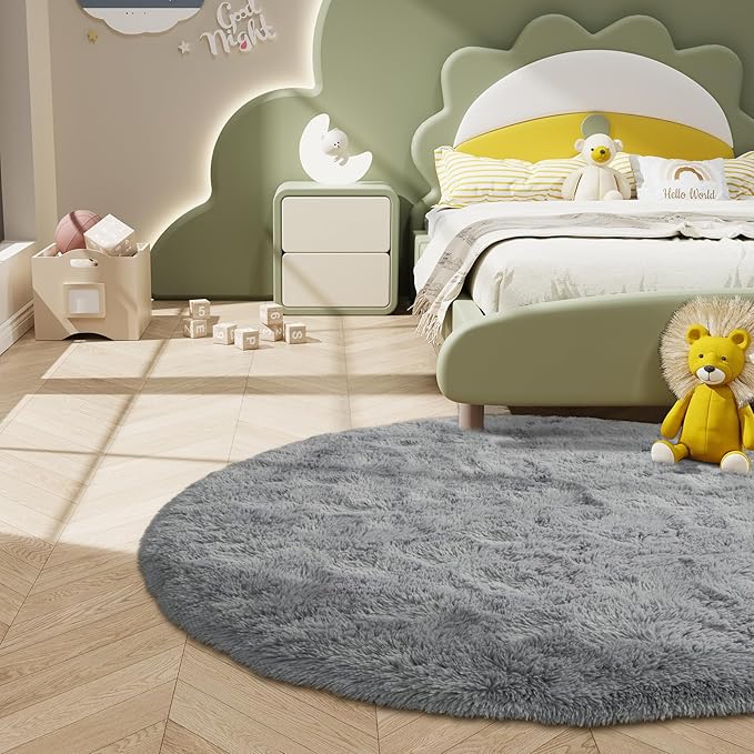 LOCHAS Luxury Round Fluffy Area Rugs for Bedroom Kids Girls Room Nursery, Super Soft Circle Rug, Cute Shaggy Carpet for Children Living Room, 5x5 Feet Red