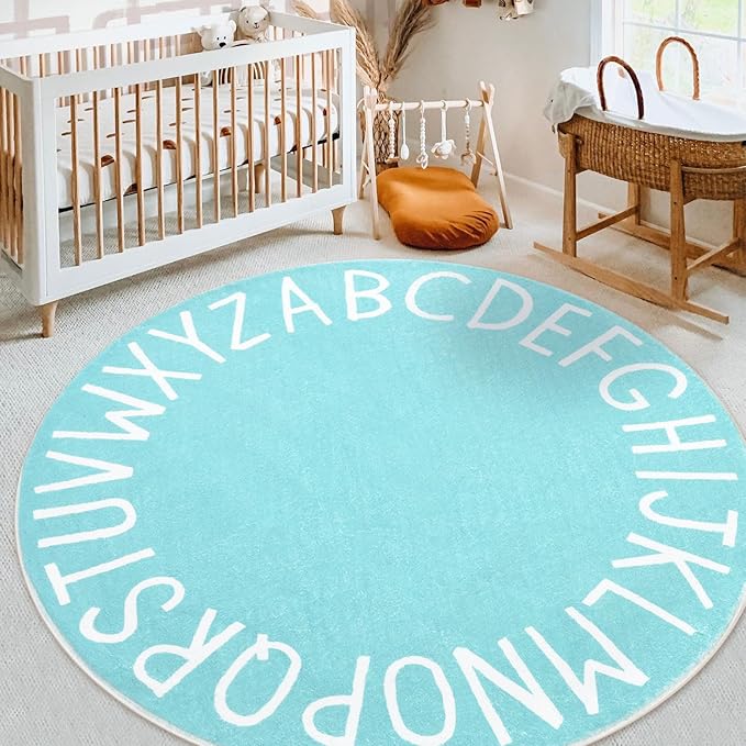 Topotdor Round Kids Play Rug Alphabet Nursery Area Rug Extra Large Soft Crawling Play Mat for Children Toddlers Bedroom (47 inch, Teal)