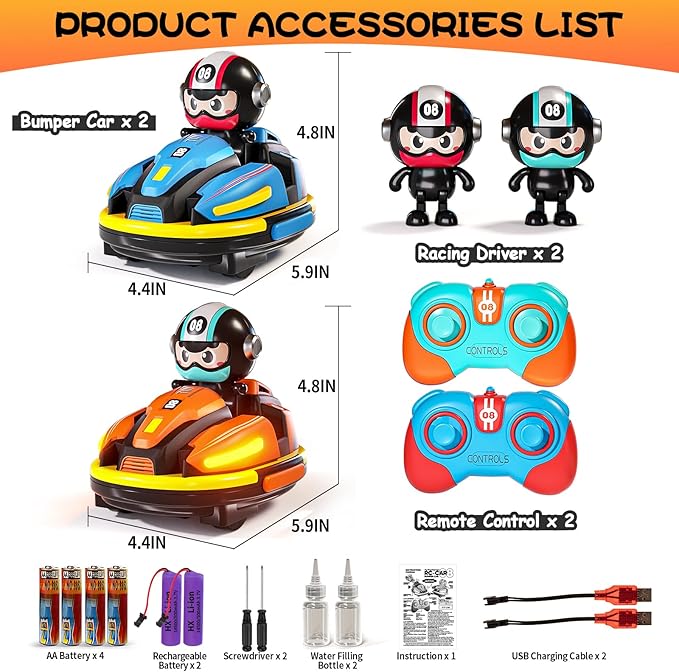 2 Pack RC Cars Toys for Toddlers|Remote Control Bumper Cars Toys with Music & Light & Spray for Kids|Birthday Gift for 3 4 5 6 7 8 Year Old Boys