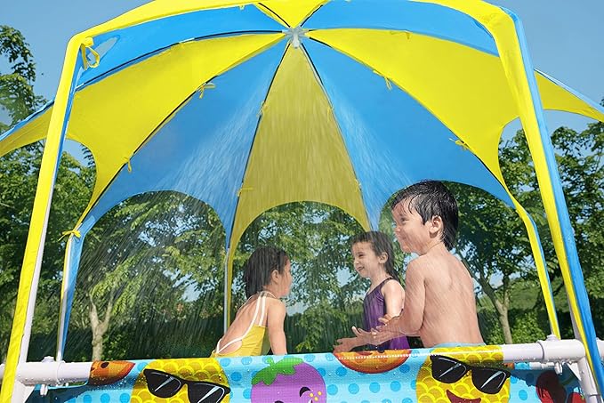 H2OGO! Kids Splash-in-Shade 8-Foot Round Steel Frame Above Ground Pool with Water Mister and Canopy Sunshade, Green Tropical Leaf Print