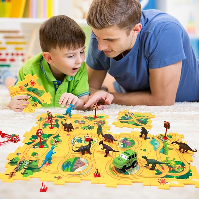 Puzzle Track Car Play Set with 12 Dinosaur Figures, Plastic Railcar Floor Puzzles for Kids Ages 3-5 with Vehicles, Toys Gifts for 3 4 5 6 Year Old Boys