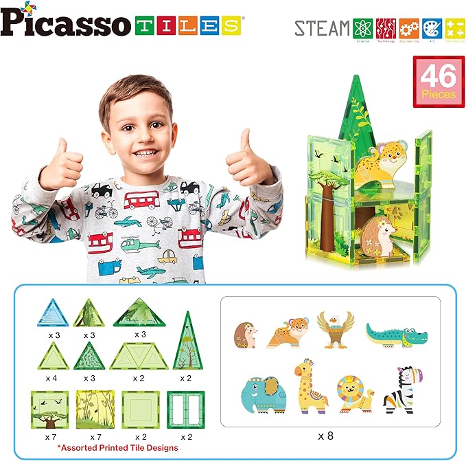 PicassoTiles Magnet Tile Building Block Safari Themed Set with 8 Compatible Magnetized Animal Action Figures Build Blocks Toddler Creativity Toys STEAM Educational Learning Skills Ages 3+ PTQ12