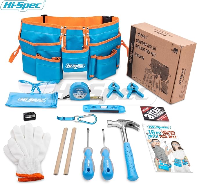 Hi-Spec 16pc Blue Kids Tool Kit Set & Child Size Tool Belt. Real Set for DIY Building, Woodwork & Construction Learning for Kids