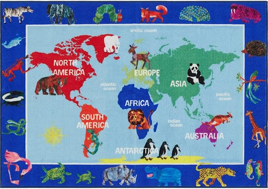 Eric Carle Elementary World Map Kids Machine Washable Area Rug Blue/Red, 35"x51"