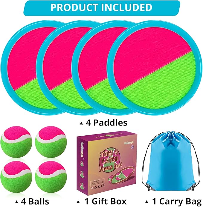 Outdoor Games for Kids - Toss and Catch Ball Set with 4 Paddles, 4 Balls, and 1 Storage Bag, Yard Games for Boys and Girls, Ages 4-8