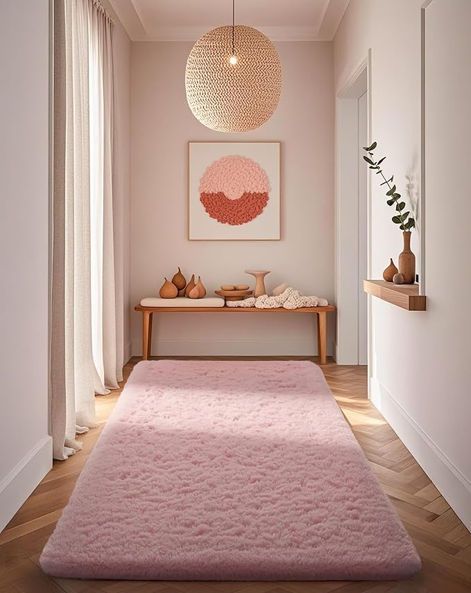Ophanie Pink Runner Rug for Hallway, 2x6 Bedroom Bedside Living Room Rugs, Non Slip Fluffy Soft Shaggy Carpet for Kids Girls Boys Dorm Nursery Home Decor Aesthetic