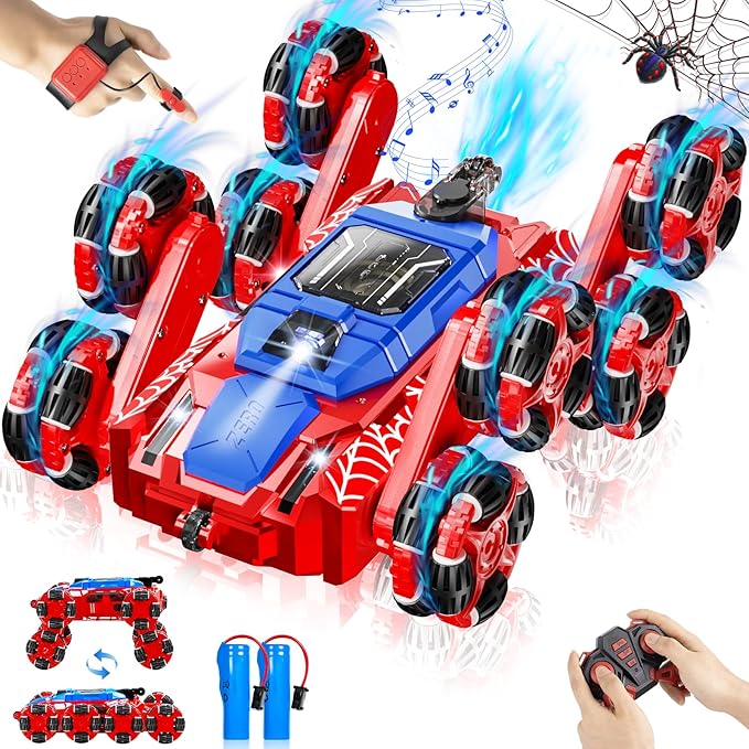 Spider Remote Control Cars Toys, 8WD Off Road Stunt Car with Gesture Sensing, Drift RC Car with LED Light, Music and Spray, Toys Gifts for 6 7 8-12 Years Old Boys Girls (Red)