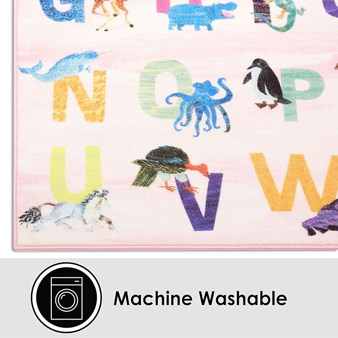 Eric Carle Elementary Pink Alphabet Kids Machine Washable Area Rug Pink/Blue, 4'11"x6'6"