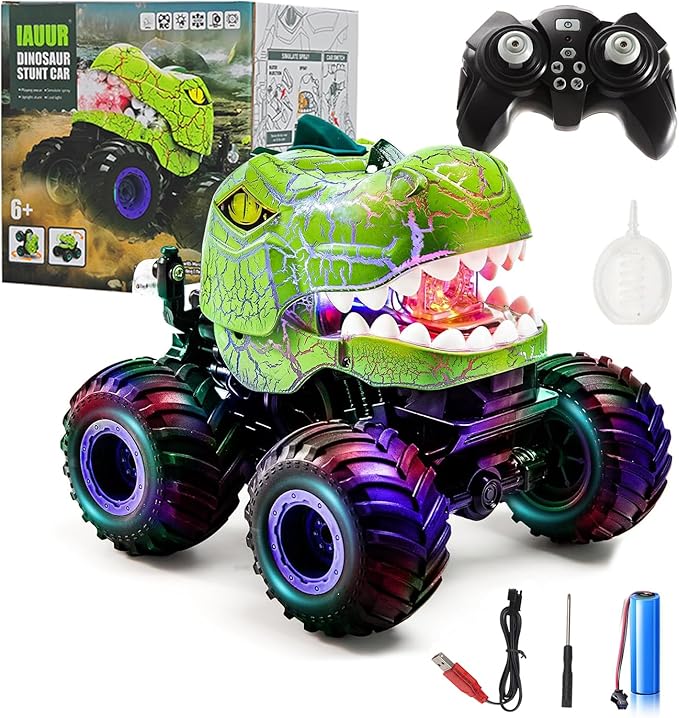 Dinosaur Remote Control Car, 360° Rotating RC Stunt Car Dinosaur Monster Truck Toys with Spray, Light & Sound,2.4GHz All Terrain Indoor/Outdoor Toys for Kids 3-12 Christmas & Birthday (Green)