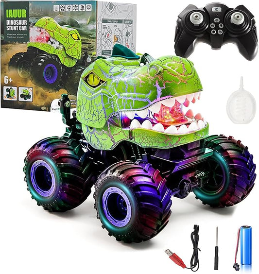 Dinosaur Remote Control Car, 360° Rotating RC Stunt Car Dinosaur Monster Truck Toys with Spray, Light & Sound,2.4GHz All Terrain Indoor/Outdoor Toys for Kids 3-12 Christmas & Birthday (Green)