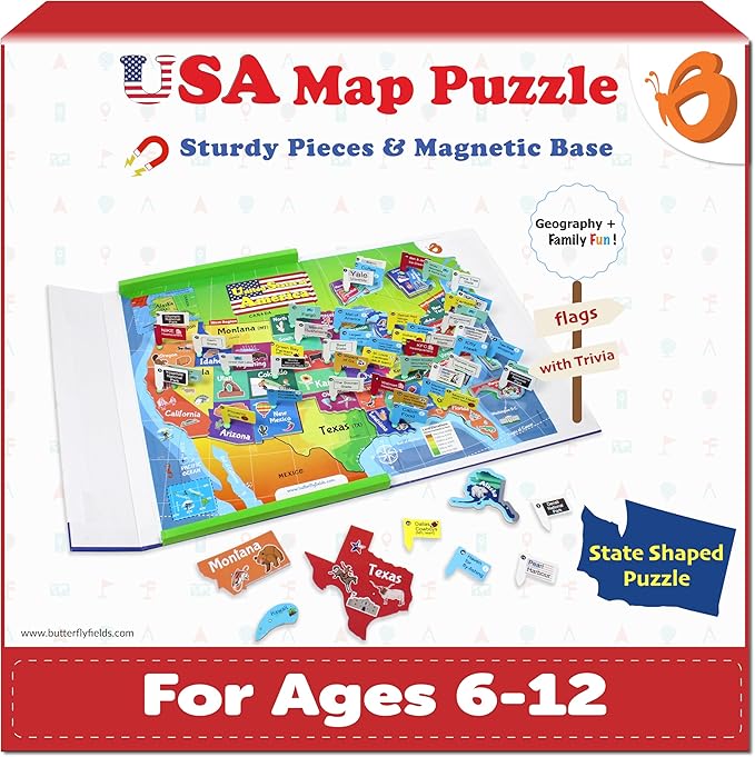 Butterfly Edufields United States Puzzle Toys for Boys 6 8 10, Magnetic Puzzle Book Gifts for 6 Year Old Boys, Puzzles for Kids Ages 6-8, Toys for Girls 6-8, Geography Games, Educational Kit for Kids