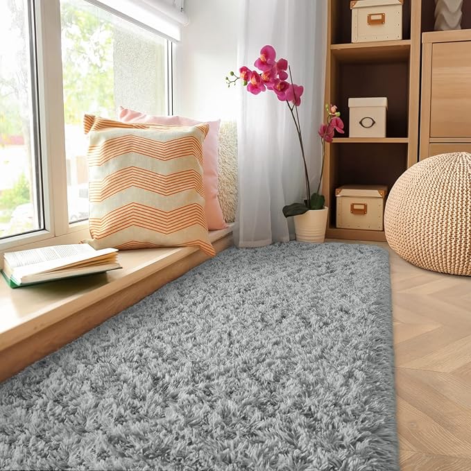 Amearea Shag Fluffy Runner Rug for Bedroom Girls Living Room, 2x6 Feet Extra Soft and Fuzzy Shaggy Rugs, Non Slip, Indoor Floor Long Carpet Mat for Boys Nursery Home Decor, Grey