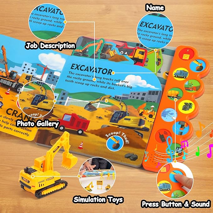 Construction Toys with Sound Books - Dig It! Dump It! Build It! Construction Board Book with 10 Buttons & 20 PCS Toys for 3+ Year Old, Great for Little Alloy Truck Lovers Kids