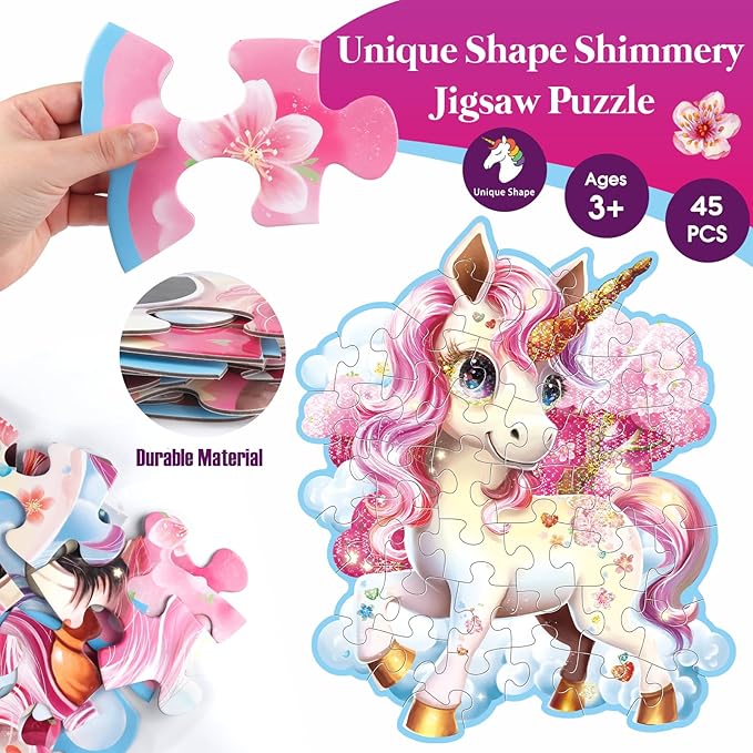 Jumbo Shimmery Floor Puzzle for Kids,Unicorn Jigsaw Large Puzzles,45 Piece Unicorn Puzzle for Toddler Ages 3-5,Children Learning Preschool Educational Toys,Birthday Gift for 4-8 Years Old