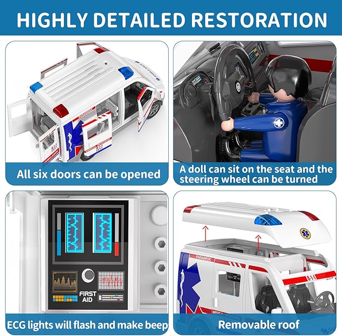 TEMI Ambulance Toy for Kids 3 4 5 6 7 8 Years Old Friction Powered Truck with Light and Sound Emergency Vehicle Toy for Boys Girls Gifts for Age 3-12 Boys Girls