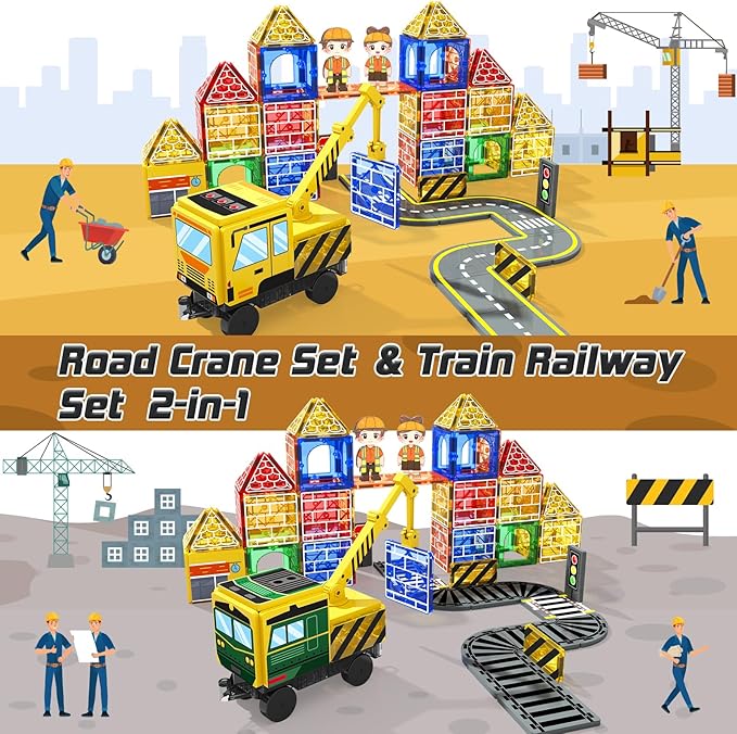 Magnetic Tiles Magnetic Construction Set with 2 Cranes Boys Toys for Ages 3-5 5-7 8-10 Building Toys Includes Crane, Road Tracks, Train, Train Tracks, Dolls, Car Toy, Traffic Lights and Stations