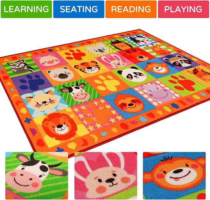 Cute Animal Classroom Rug, 110.2"X78.7" Non-Slip Educational Kids Carpet for Playroom, Washable Preschool Rug for Elementary, Nursery