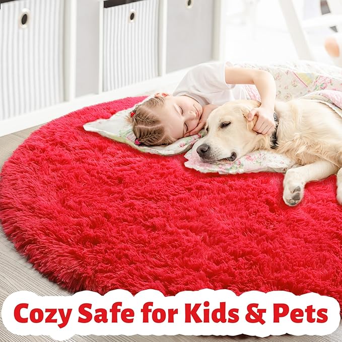 Red Round Circle Rug 6Ft for Bedroom, Large Fluffy Shag Area Rugs for Kids Room Decor Aesthetic, Fuzzy Plush Fur Carpets for Living Room Nursery Classroom, Red Carpet, Furry Indoor Rugs for Teen Boys