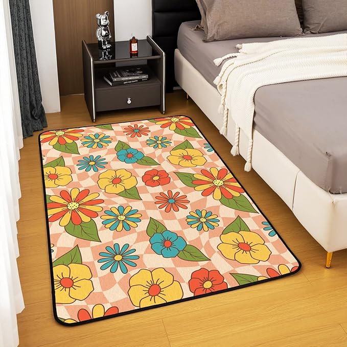 Erosebridal Girls Kawaii Vintage Floral Area Rug 5x7,Cute 70S Groovy Flowers Decorative Rug Teen Women Hippie Aesthetic Retro Pink Abstract Checkered Colorful Non Slip Carpet