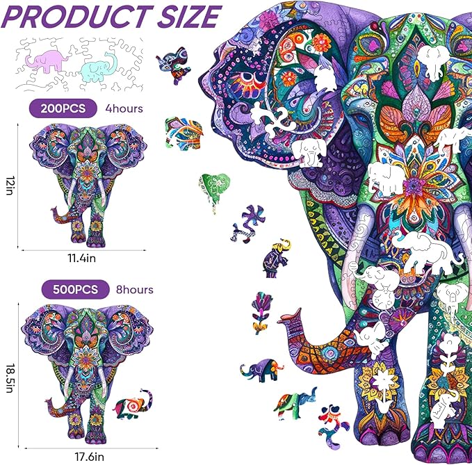 Wooden Jigsaw Puzzles-Elephant,200pcs,12.4x11.4in,Medium,Wooden Puzzles for Adults,Unique Shape Animal Adult Puzzles,Irregular Wood Puzzles Best Gift for Adults and Kids Family Game