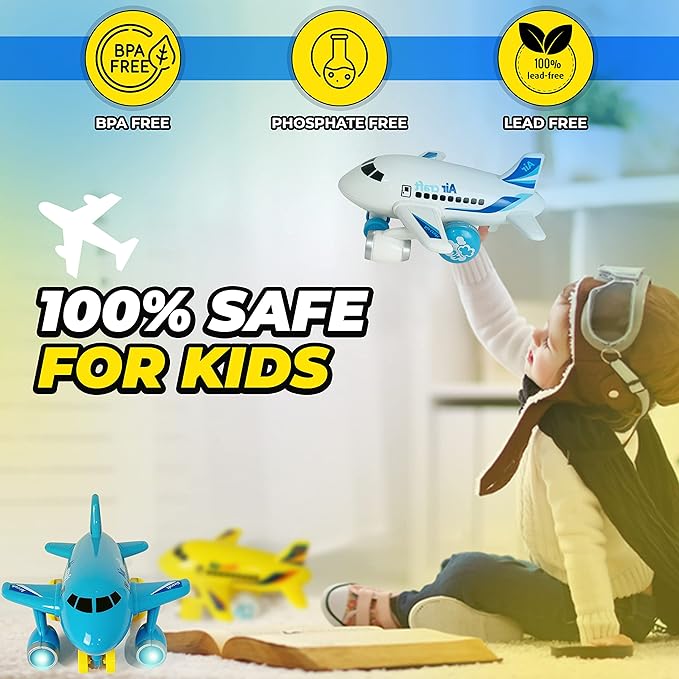 KIDSTHRILL Kids Airplane Toy for Boys & Girls. Set of Three Toy Airplanes with Flashing Lights, Music & Airplane Sound, Push and Go Toy Plane Gift Toys for Toddler Boys 2 3 4 5 6 7 Years Old & up