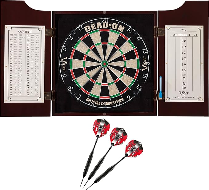 Viper Hudson All-in-One Dart Center: Classic Solid Wood Cabinet & Official Sisal/Bristle Dartboard Bundle with Steel-Tip Dart Set, Dry Erase Scoreboard & Out-Chart, Mahogany Finish