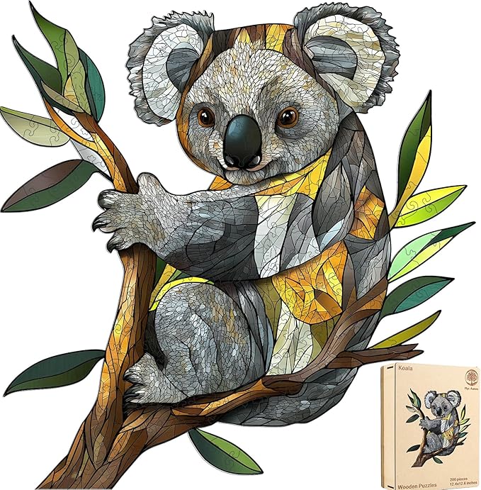 Wooden Puzzles for Adults, Koala Jigsaw Puzzles 200 Pieces, Unique Shaped Puzzle for Adults and Kids, Christmas Birthday Gift Family Game 12.4 x 12.6 Inch