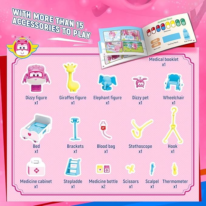 Super Wings Dizzy Rescue Helicopter Hospital Playsets，Airplane Pet Care Play Sets Doctor Kit for Kids 3-5, 20+ Accessories Pretend Dr Kit for Toddlers, Gifts for Girls Boys 3-7 Years Old