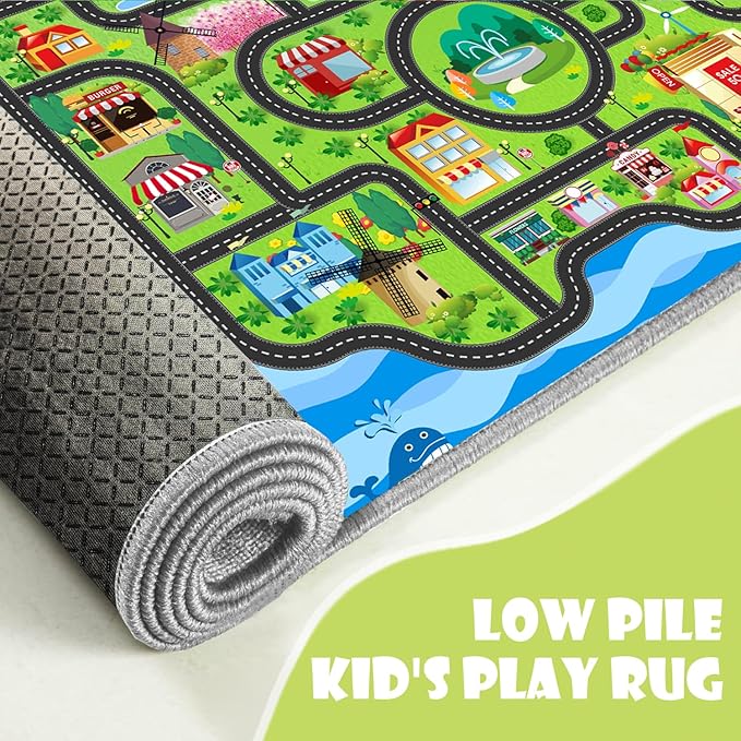 Car Rug,Kids Play Rug with Roads,Playroom Non Slip Car Track City Map for Bedroom Classroom - (78.7X59 Inches)