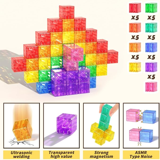 45PCS Magnetic Blocks - Transparent Magnet Cubes, Toddler Building Blocks, Sensory Autism Gifts for Kids Ages 3+, Preschool Travel Toys for 3-5 Year Old Boys and Girls