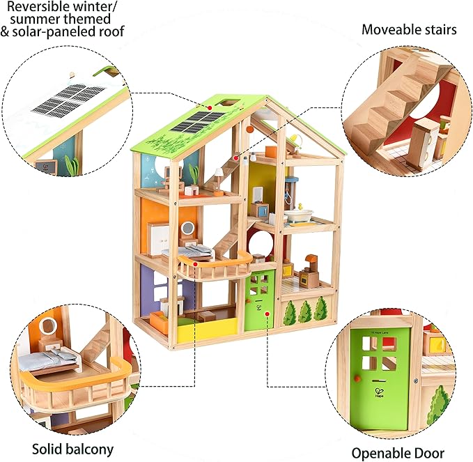 All Seasons Kids Wooden Dollhouse by Hape | Award Winning 3 Story Dolls House Toy with Furniture, Accessories, Movable Stairs and Reversible Season Theme L: 23.6, W: 11.8, H: 28.9 inch
