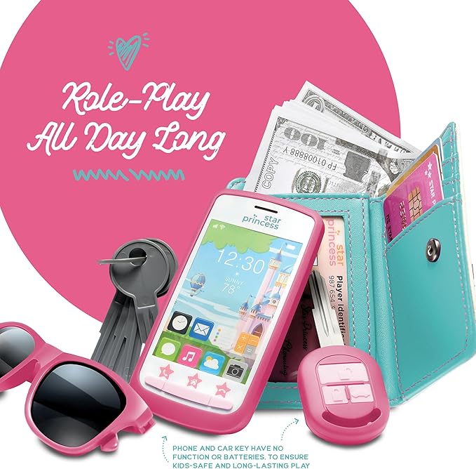 Play Purse for Girls and Toddlers - Little Girls Toys Pretend Play Accessories: Toy Phone, Wallet, Credit Cards, Keys, Pretend Makeup for Role Playing Toys for Girls Ages 3 4 5 6 7 8 Years and Up