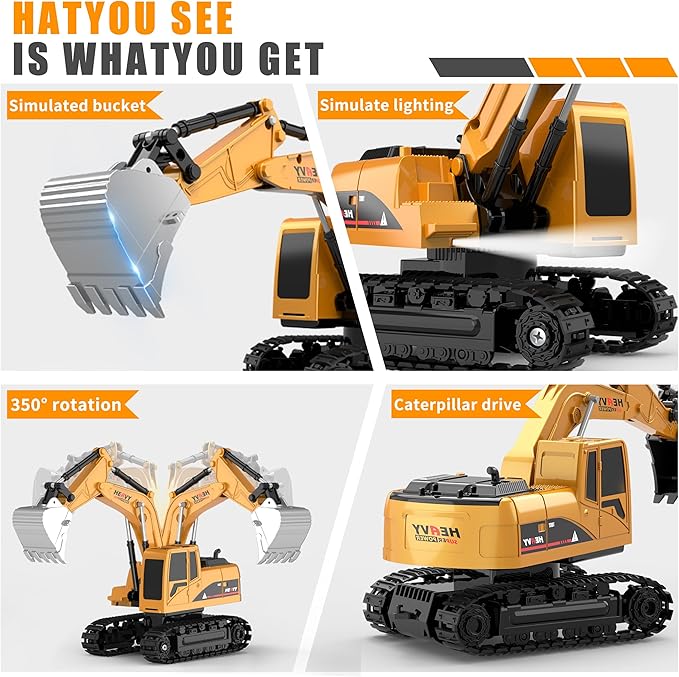 AISYAH Construction Bulldozer and RC Excavator Toy Set - RC Construction Vehicles Toy with Rechargeable Batteries, Lights and Sounds, Present for Toddlers 6-12 Year Kids
