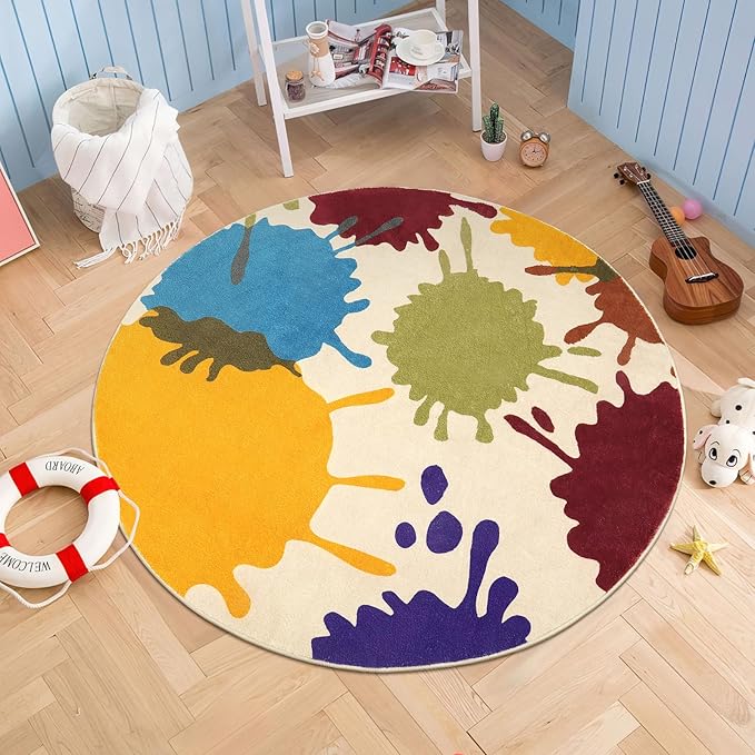 STARUIA Art Round Rug for Playroom, 4'x4' Colorful Kids Rug for Nursery, Non-Slip Soft Circular Office Carpet for Preschool Dorm