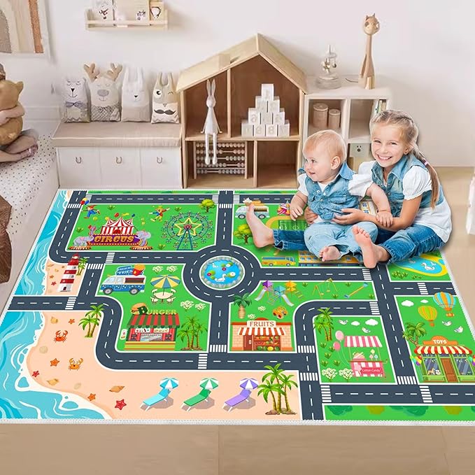 Kids Carpet Playmat Car Rug, Car Rug for Kids Toy Cars and Train, Non Slip Play Mat for Playroom Kids Room, City Life Educational Road Traffic Carpet for Classroom Nursery(Green,71×106in)