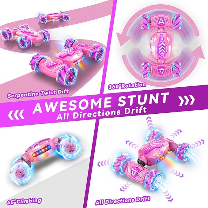 Gesture Sensing RC Stunt Car, Remote Control Car 360° Rotating 4WD 2.4Ghz RC Cars Transform Hand Controlled Toys with Light & Music, Best Gifts for Girls Age 6-7 8-12