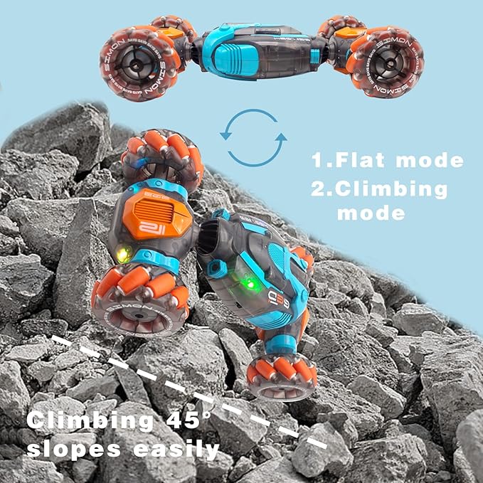 Remote Control Twist Car Gesture Sensing RC Stunt Cars 360°Rotation 4WD Toys Car for Kids Age 7-14 Year Old Transform Car with Lights Music for Boys Girls Birthday Xmas Gifts (Blue/Orange)