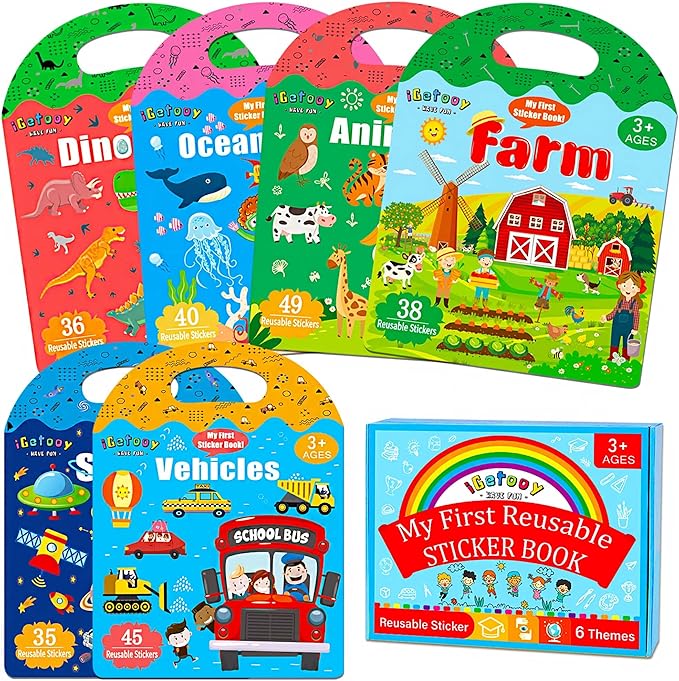 6 Set Reusable Sticker Books for Toddlers 2-4 Years, Sticker Book for Kids, Toddler Airplane Travel Essentials for Kids