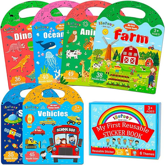 6 Set Reusable Sticker Books for Toddlers 2-4 Years, Sticker Book for Kids, Toddler Airplane Travel Essentials for Kids