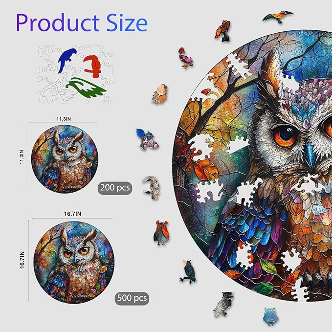 Stained Glass Owl 200 Pieces Wooden Jigsaw Puzzles for Adults with Unique Irregular Shape Fun Challenging Bird Puzzles for Kids and Couples on Birthday,Children’s Day,Christmas 11.3"x11.3"
