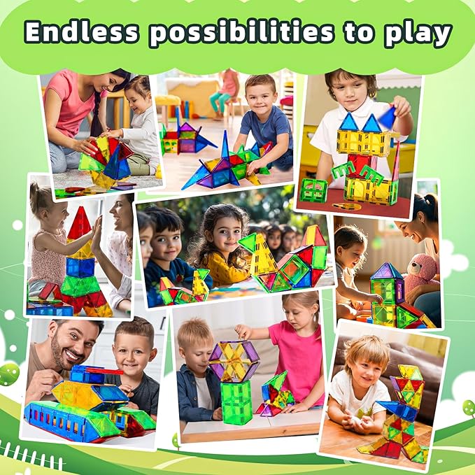 Magnetic Tiles Toys for Kids Preschool Learning, Magnetic Blocks Sensory Montessori Toys Set All Pieces with Magnets, Ideal STEM Educational Construction Gifts for 3+ Year Old Boys and Girls 32PCS