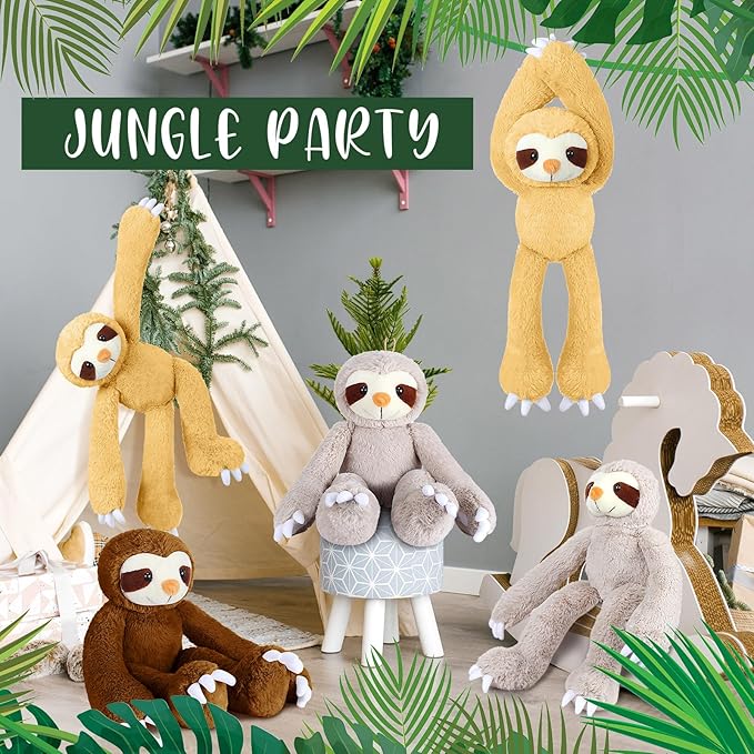 8 Pcs Hanging Sloth Stuffed Animal 18 Inch Three Toed Sloth Plush Toy with Hook and Loop Hands Hanging Sloth Toy for Boy Girl (Grey, Dark Brown, Light Brown)