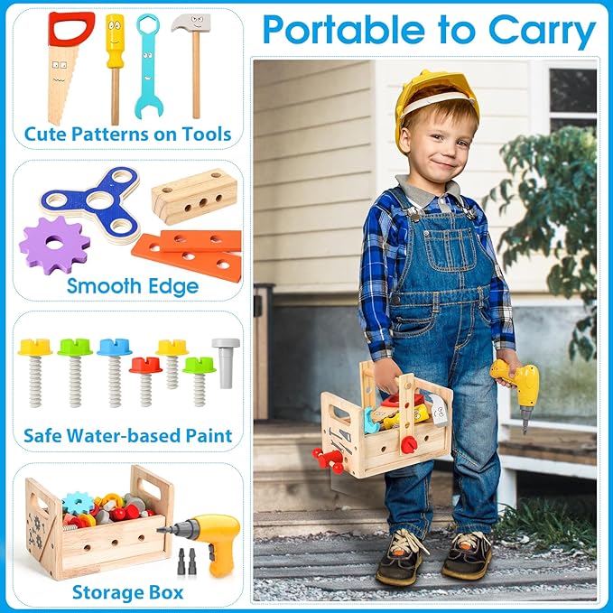 Kids Tool Set Toy with Drill, Wooden Toy for 2 3 4 5 Years Old Boy Girl, 37 Pcs Stem Montessori Toy for Learning Educational Construction Toy, Birthday Gift for Kids
